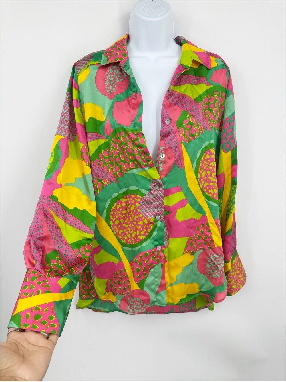Adrienne Boho Animal Print Floral Button Up Shirt Size Small Whimsical